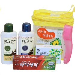 Набор дорожный CJ Lion для женщин шампунь для нормальных волос Райс Дэй с рисовыми отрубями 50 г + кондиционер для нормальных волос Райс Дэй с рисовыми отрубями 50 г + туалетное мыло + складная дорожная зубная щетка средней жесткости + зубная паста Др. Седок ориджинал масло чайного дерева антибактериальная 20 г + прозрачная косметичка 265 г