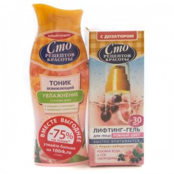 Набор Сто рецептов красоты Очищение и уход тоник для лица Увлажнение с соком алоэ + лифтинг-гель для лица Ровный цвет с розовой водой и соком смородины 100 мл + 30 мл