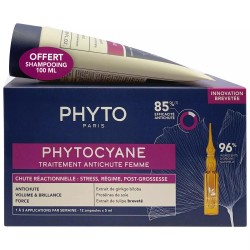Набор Phyto Фитоциан для женщин - сыворотка против реакционного выпадения волос 12 ампул по 5 мл + шампунь укрепляющий 100 мл