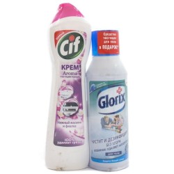 Набор Cif крем чистящий Сиф Лиловая Свежесть + средство чистящее для пола Глорикс Свежесть Атлантики в подарок 500 мл + 500 мл